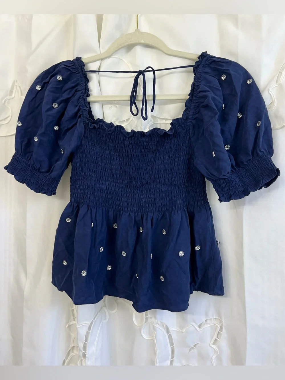 Hill House Home Jewel Jammie Top Navy Crystal Smocked Size Small